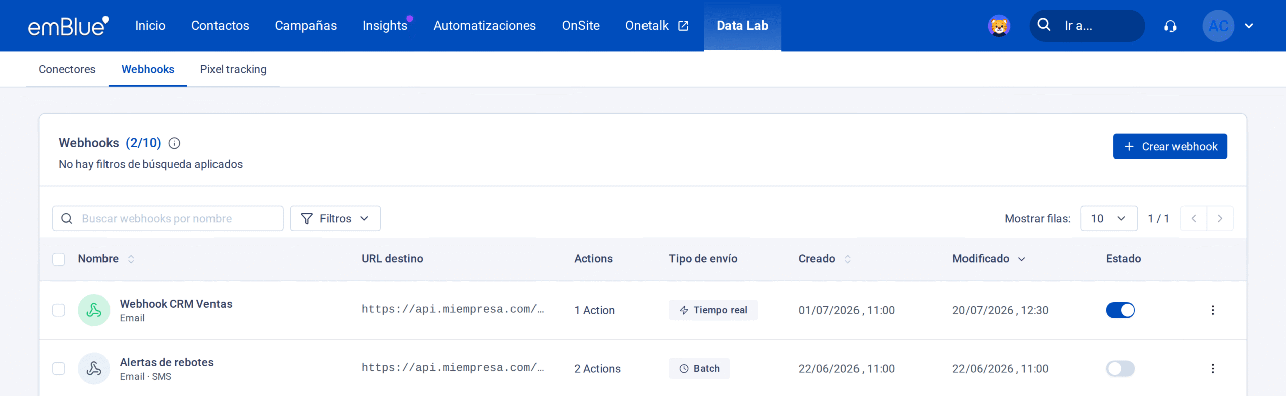 Lista de webhooks con dos webhooks, uno activo en tiempo real y otro inactivo en batch.