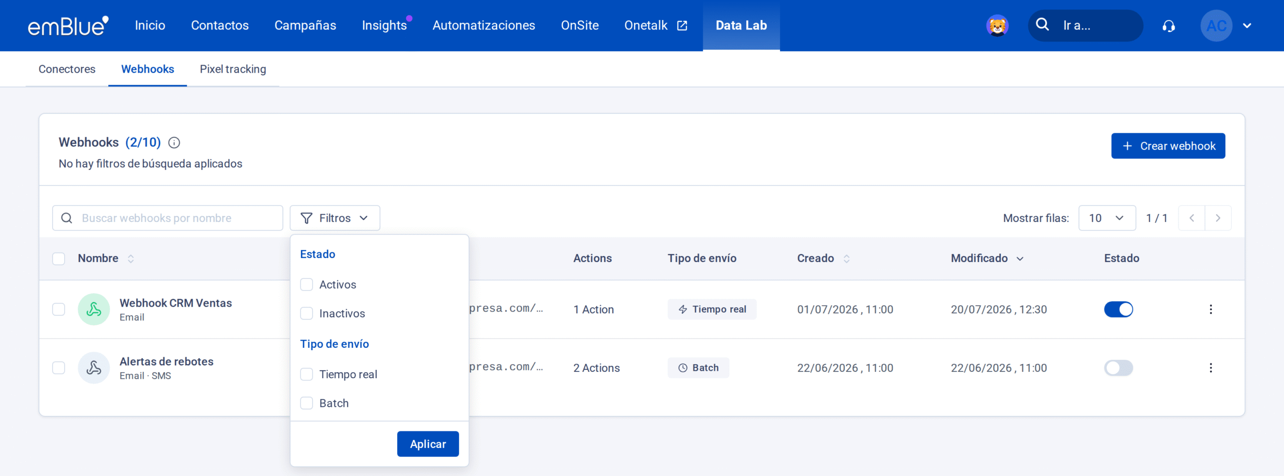 Panel de filtros abierto, con las opciones de estado y tipo de envío.