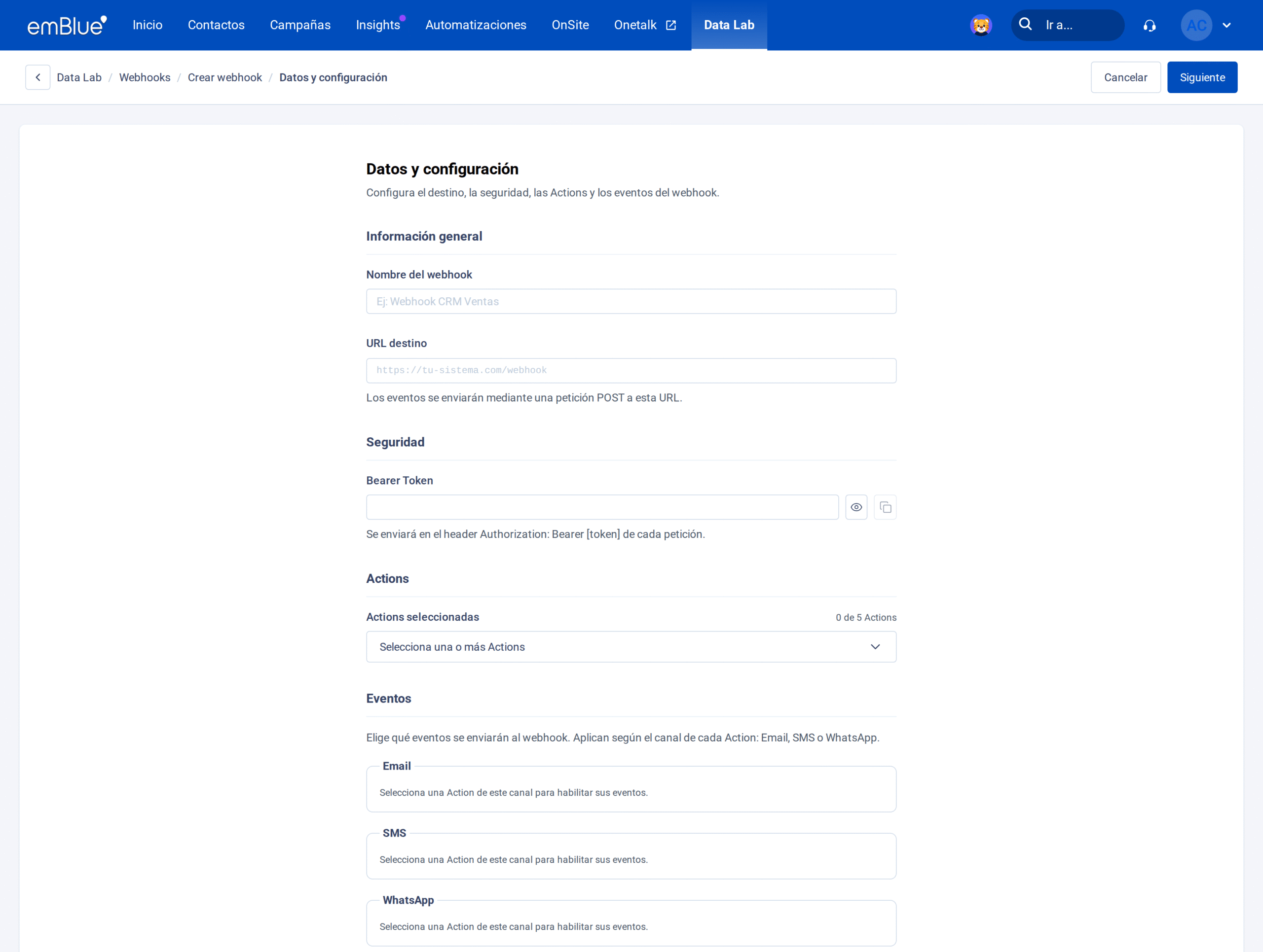 Primer paso del formulario, con las secciones Información general, Seguridad, Actions y Eventos.