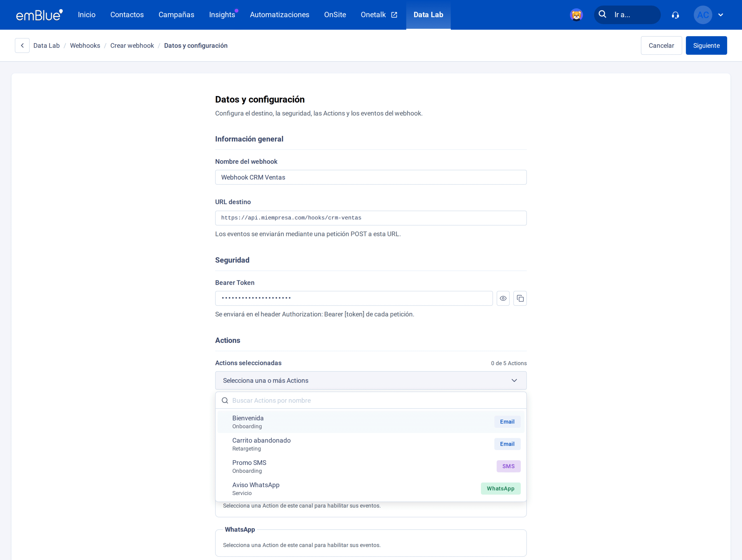 Selector de Actions abierto, con el buscador y las Actions disponibles por canal.