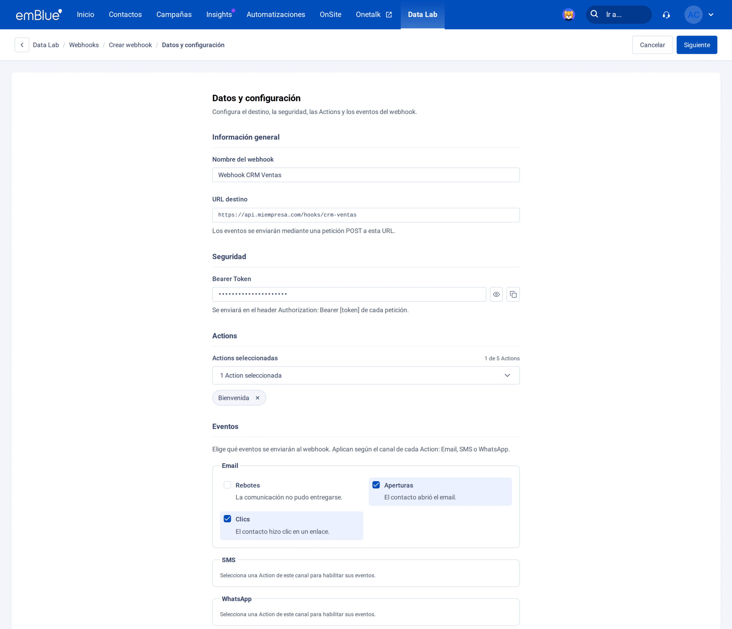 Formulario completo con una Action de Email seleccionada y los eventos Aperturas y Clics marcados.