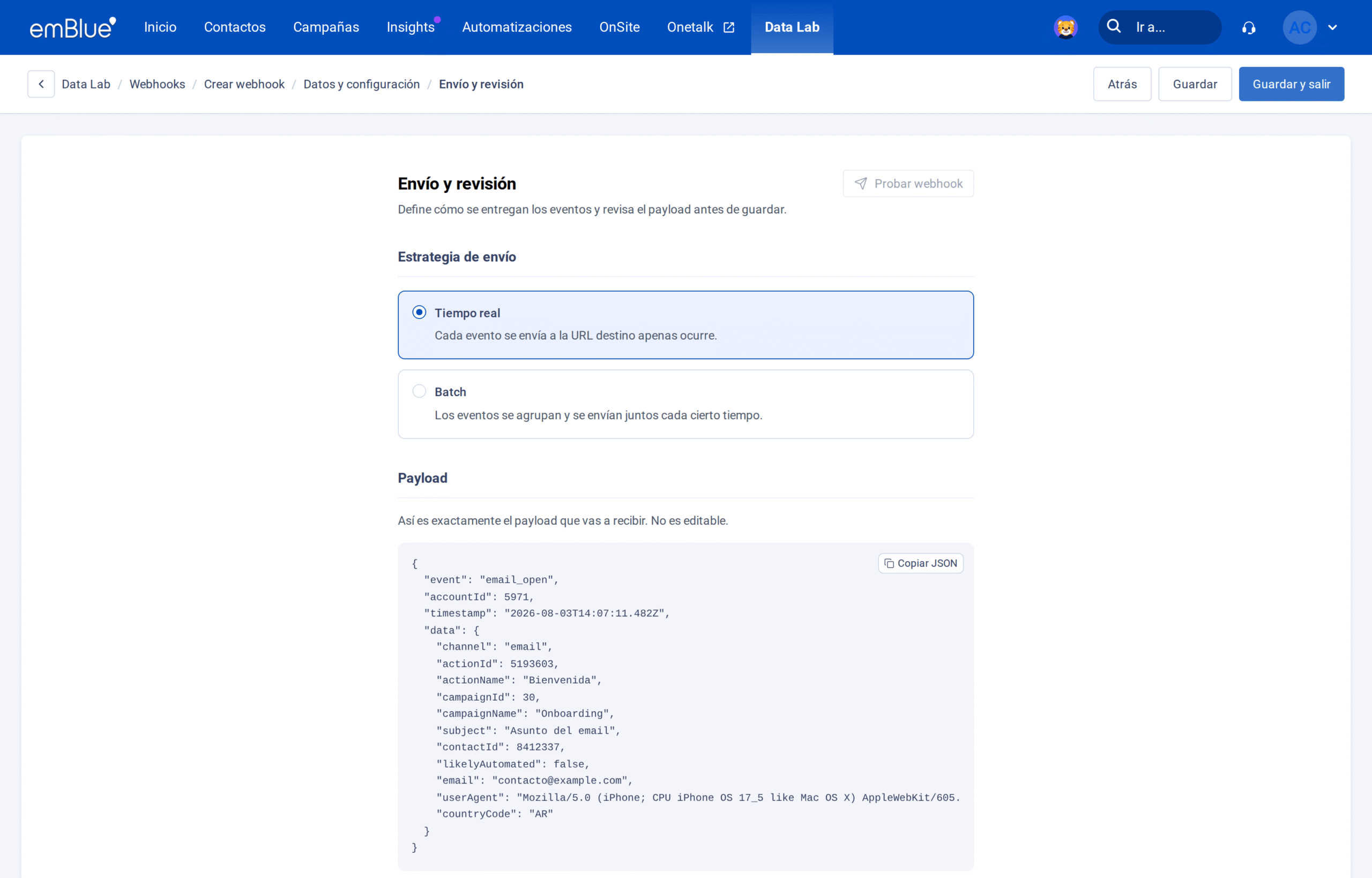 Segundo paso, con la estrategia de envío en Tiempo real y la vista previa del payload.