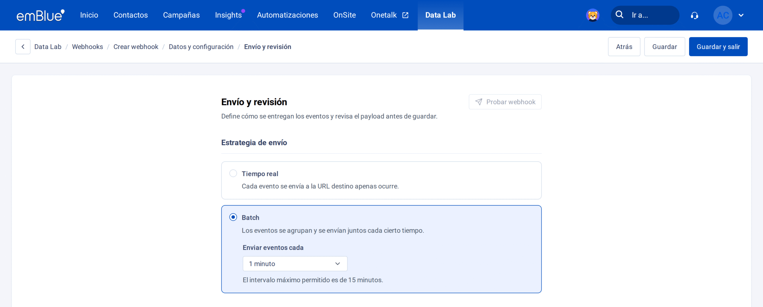 Estrategia Batch seleccionada, con el desplegable «Enviar eventos cada».